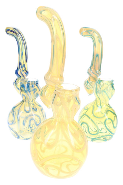 Assorted large color-changing Sherlock glass bubblers with squiggle striped designs and curved necks for retail glass displays.